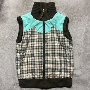 Burton Snow Fleece Lined Zippered Front Vest Teal Brown Plaid Youth Large